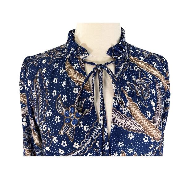 Cara Cara Tanglewood Dress Batik Navy Blue Midi Cinch Waist Long Sleeve Boho S - Picture 2 of 14